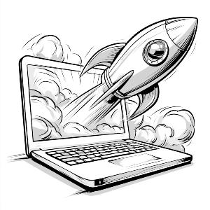 Image of a rocket launching out of a laptop